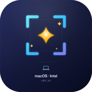 Auto Snapper AI app icon for Intel-based Macs, showing a laptop glyph and an x86_64 build tag on a dark indigo tile.