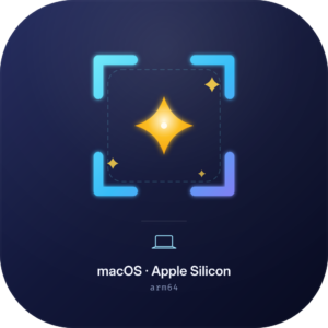 Auto-Snapper AI app icon for Apple Silicon Macs, showing a capture frame and a gold sparkle on a dark indigo tile.